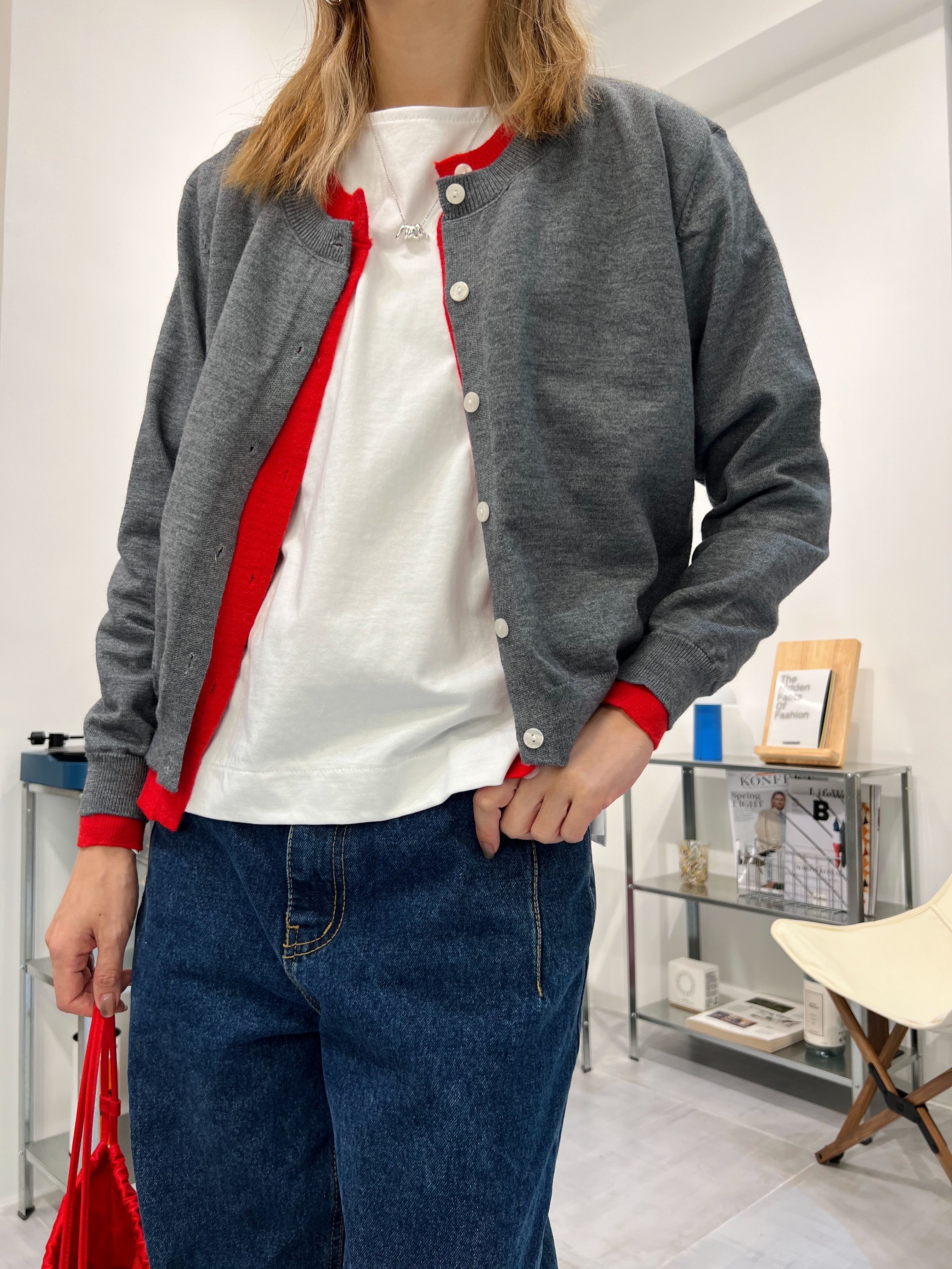 併色cardigan/灰+紅