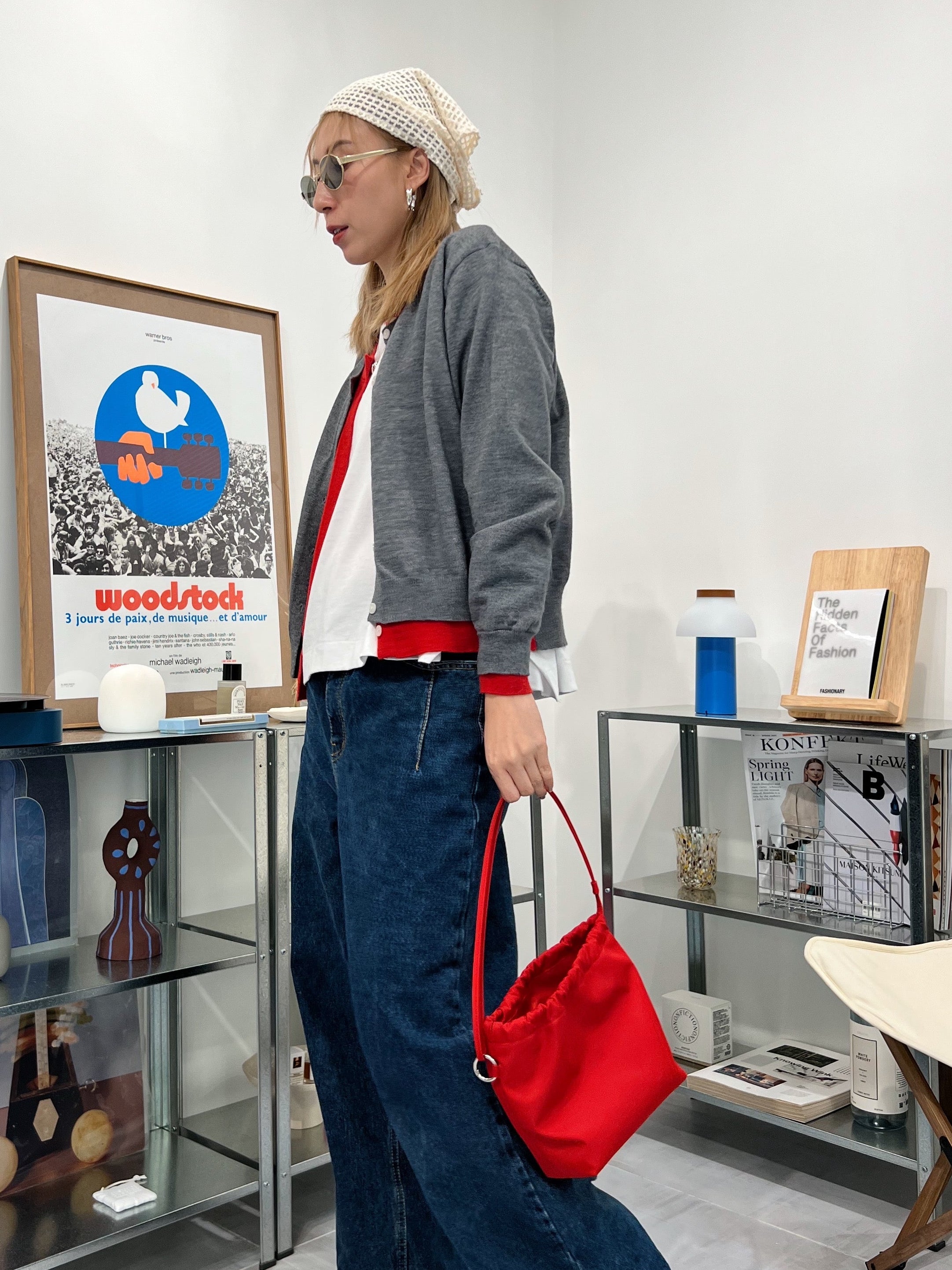 併色cardigan/灰+紅