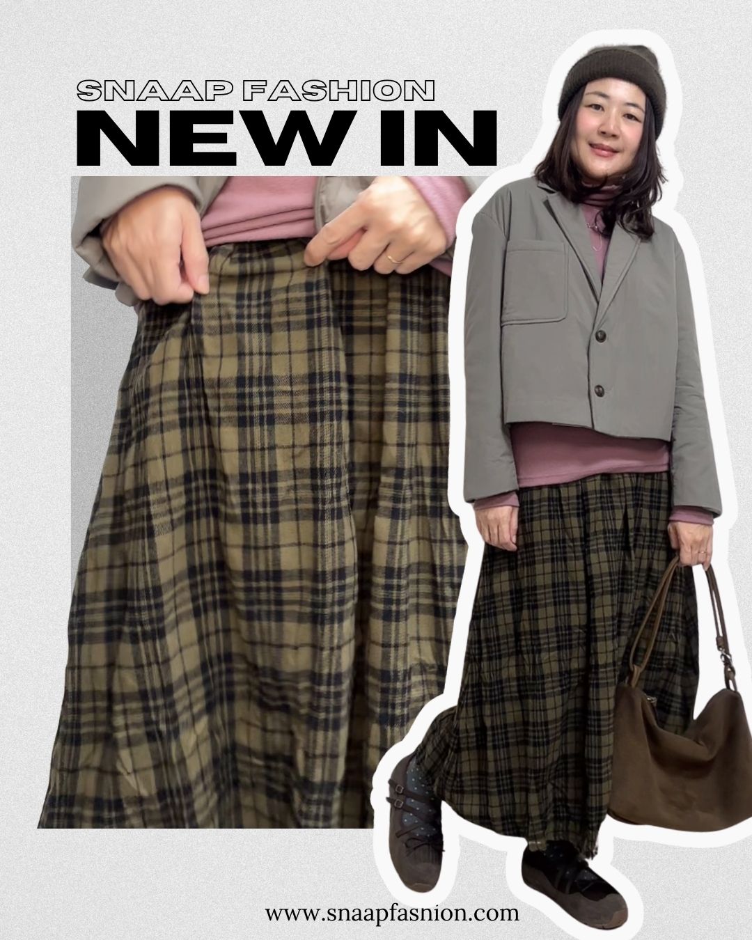 格仔亂褶散裙/橄欖