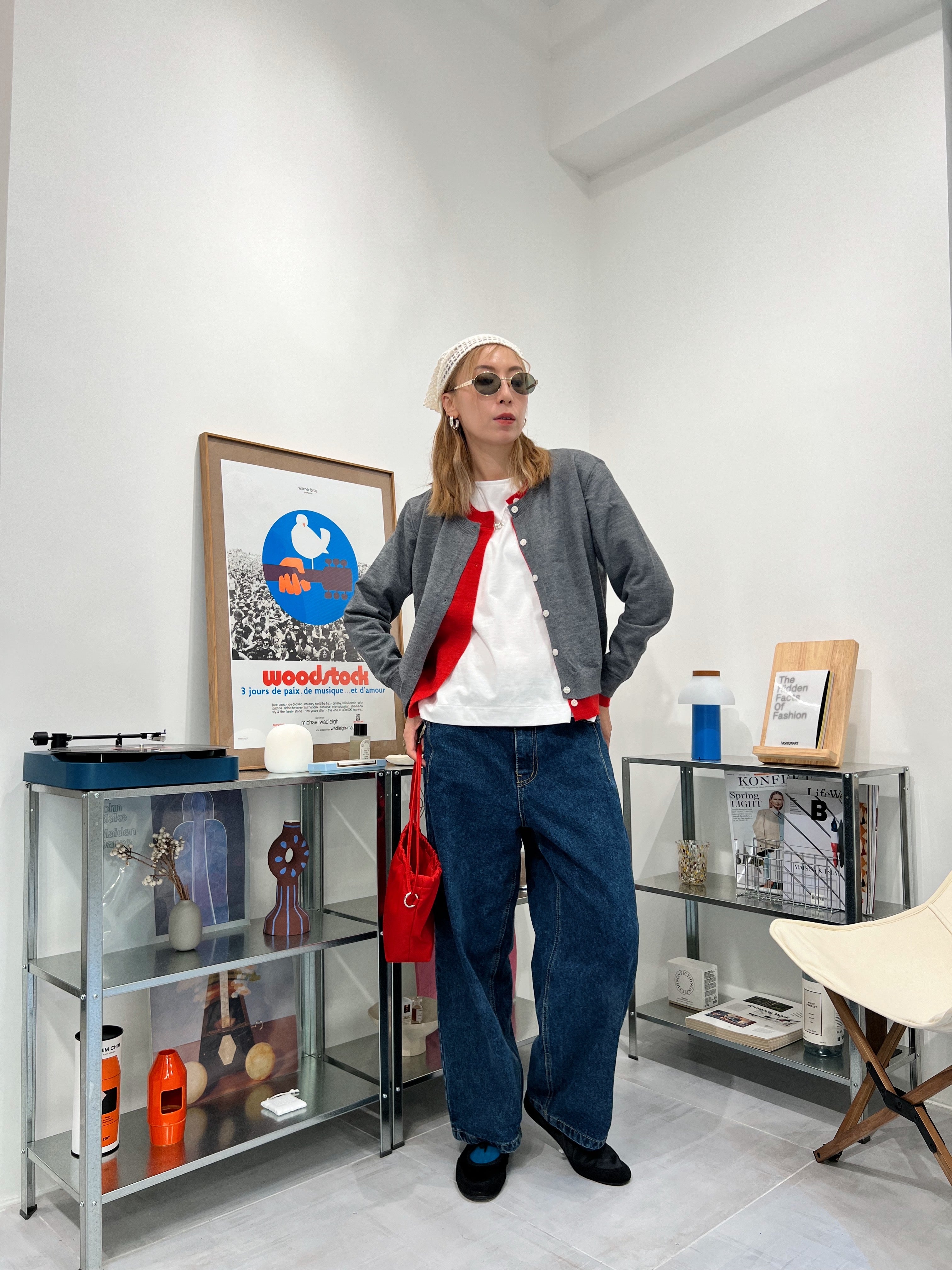 併色cardigan/灰+紅