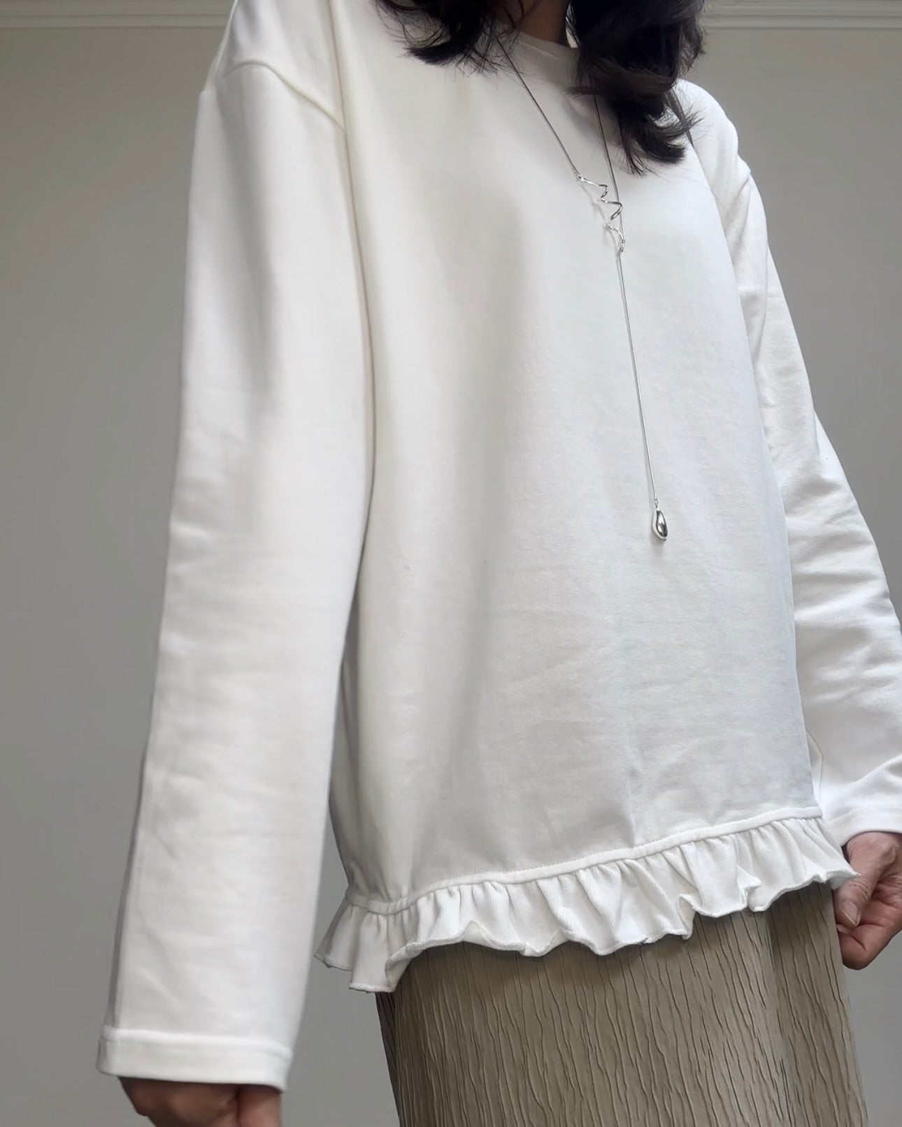 (預購)衫腳Ruffle長T-shirt/白