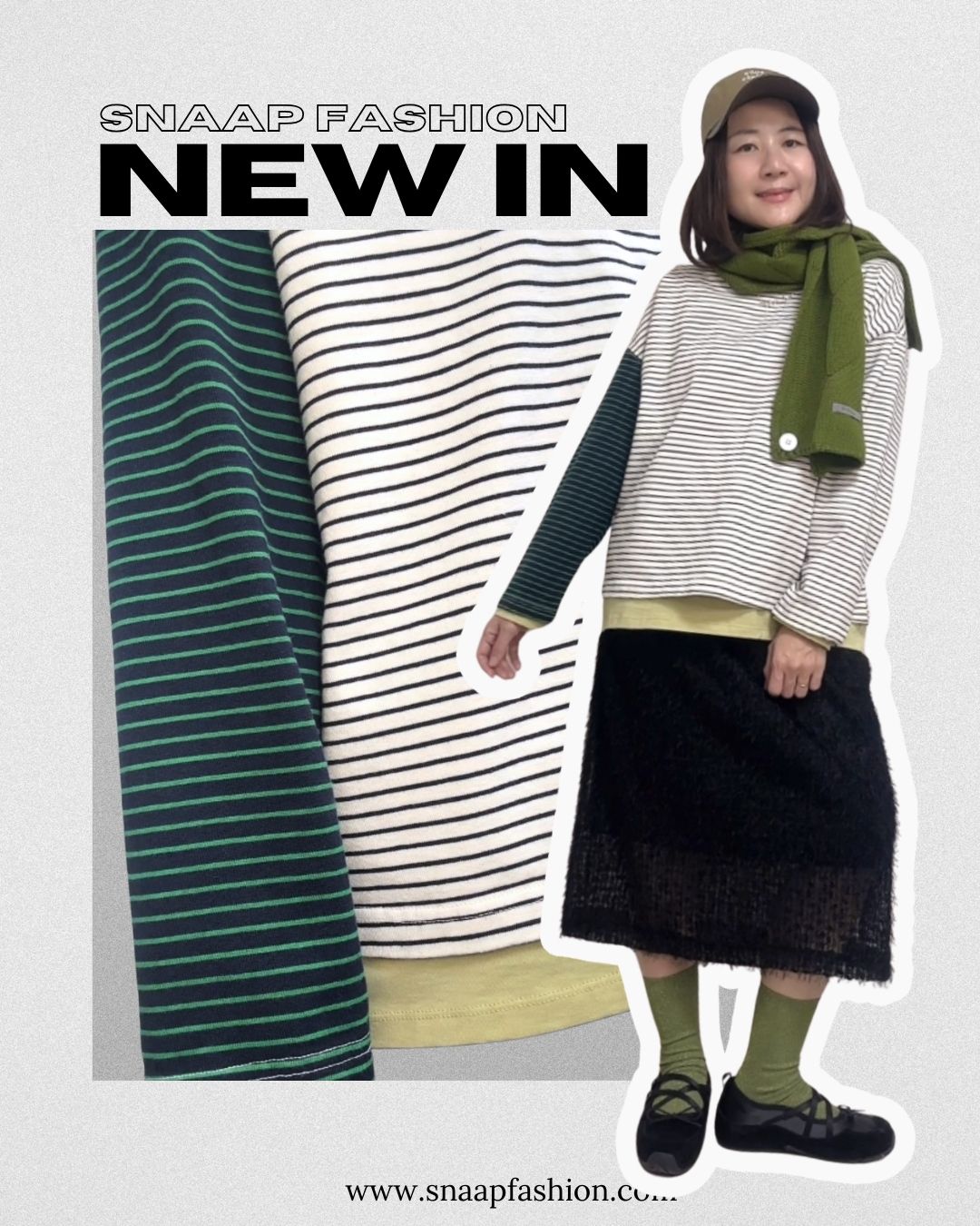 撞色袖間條T-shirt/米白+綠