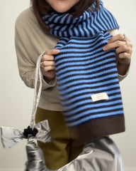 間條撞色冷頸巾/藍+啡