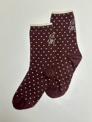 波點文字襪/啡+米白