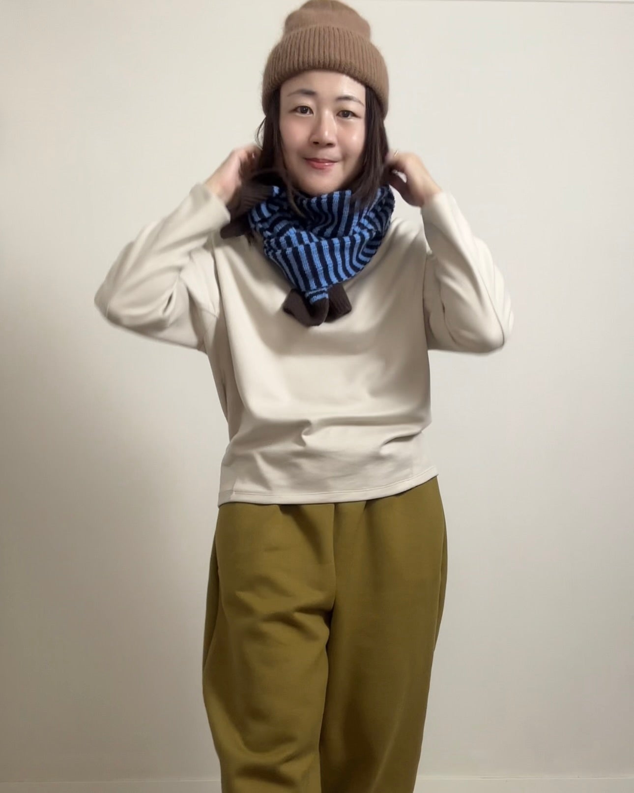 間條撞色冷頸巾/藍+啡