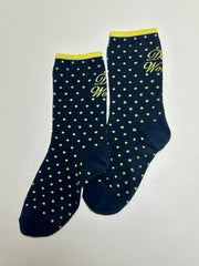 波點文字襪/深藍+黃