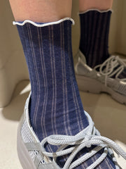 半透花邊襪/深藍