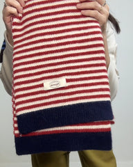 間條撞色冷頸巾/紅+深藍