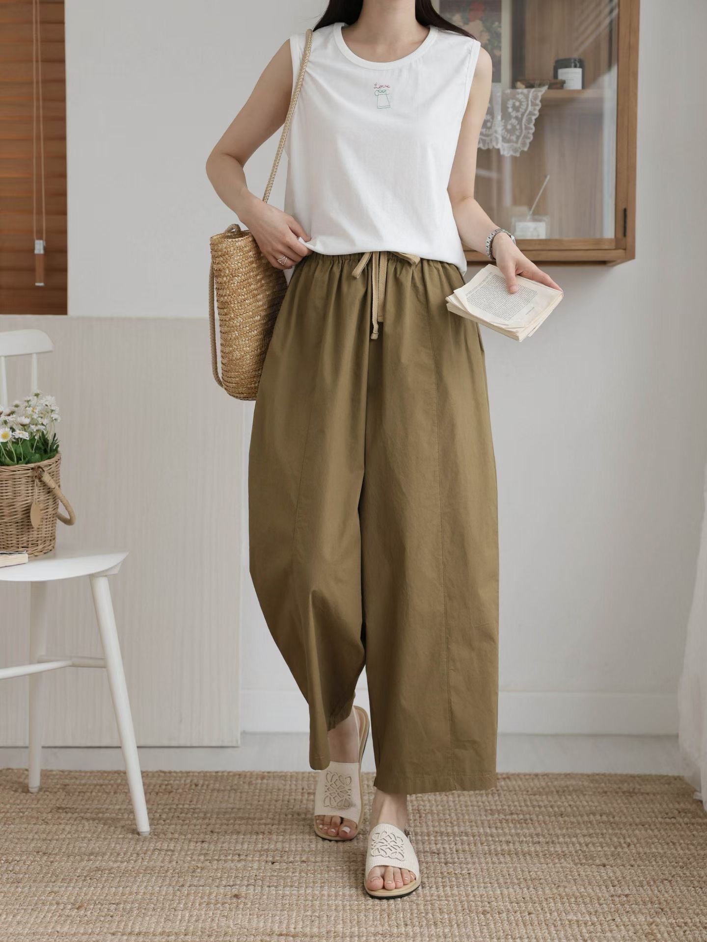 橡根腰Taper褲/啡 (大碼)