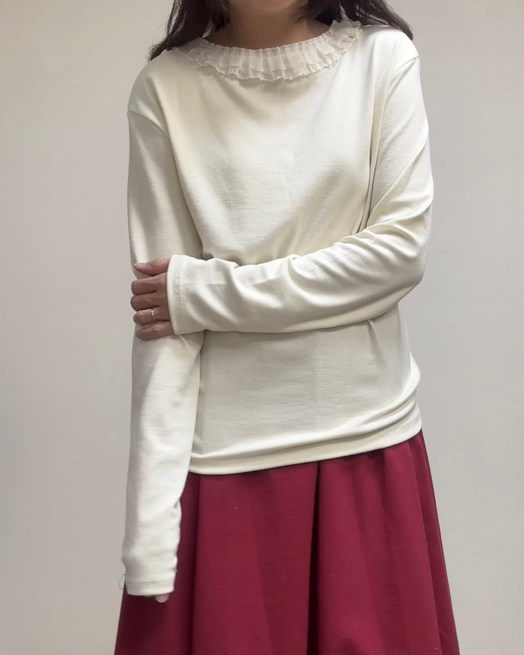 (停產)雙層網摺褶領T-shirt/米白