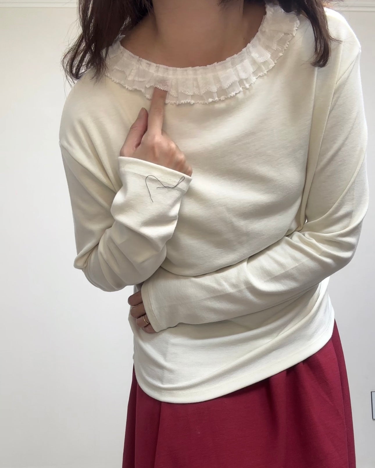 (停產)雙層網摺褶領T-shirt/米白