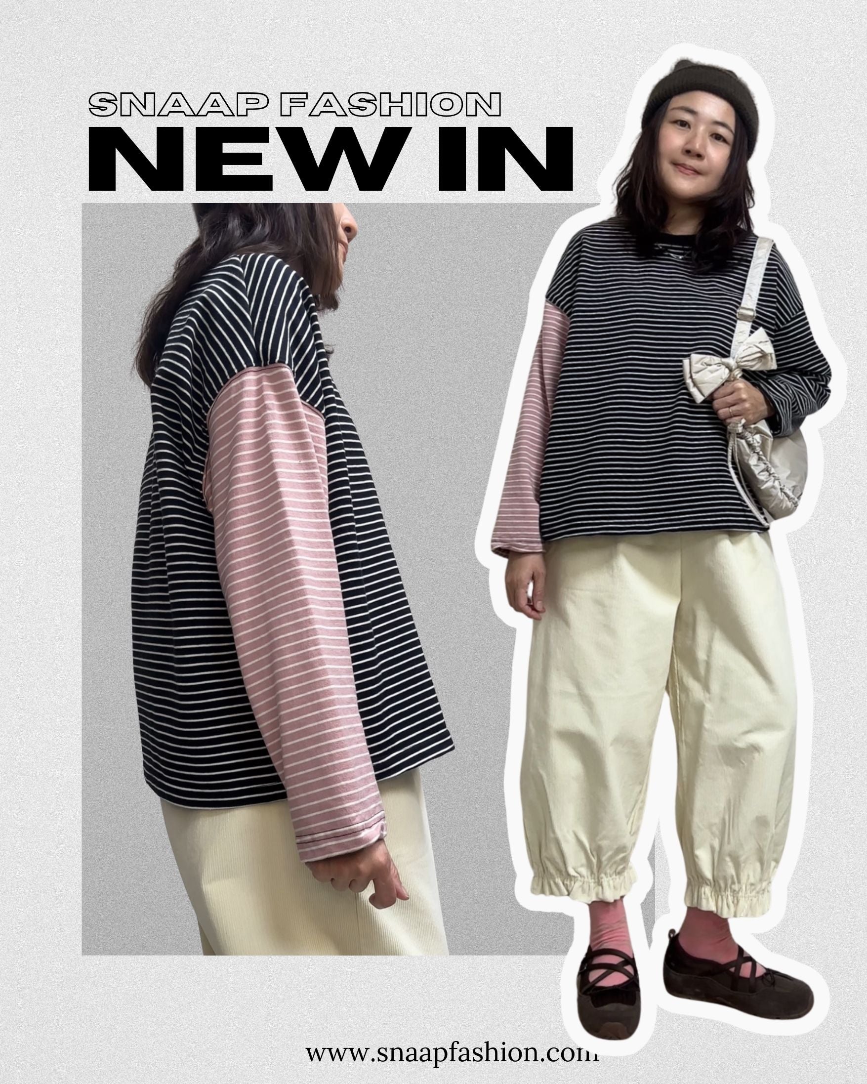 撞色袖間條T-shirt/黑+粉紅