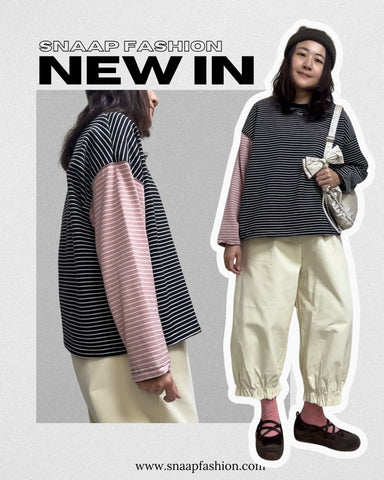 撞色袖間條T-shirt/黑+粉紅