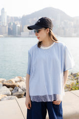點點網紗袖撞布T-shirt/淺藍